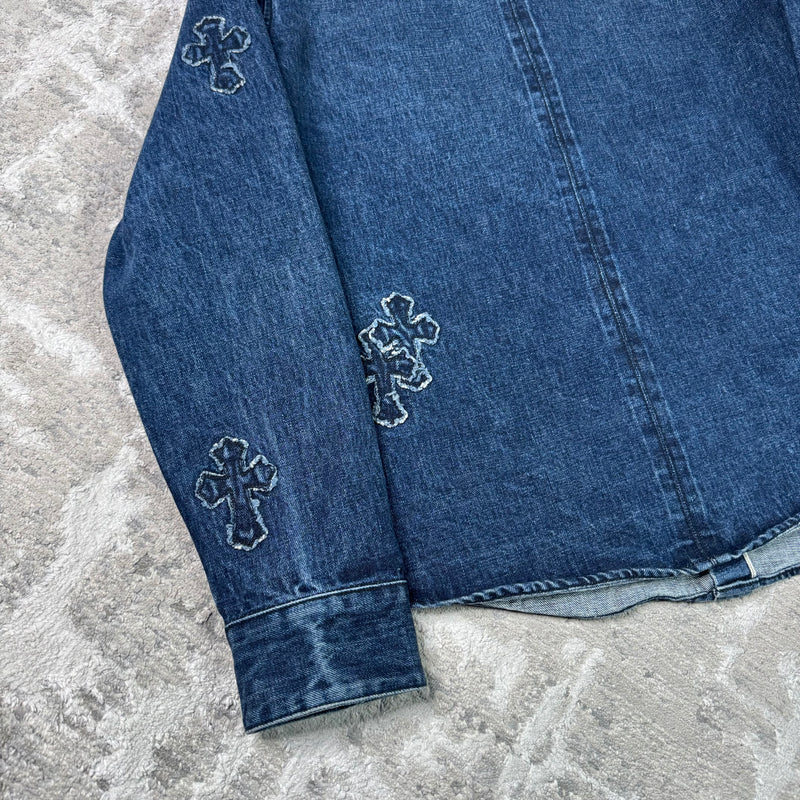 Chrome hearts cutout cross patch denim button up shirt - Million Dollar Streetwear