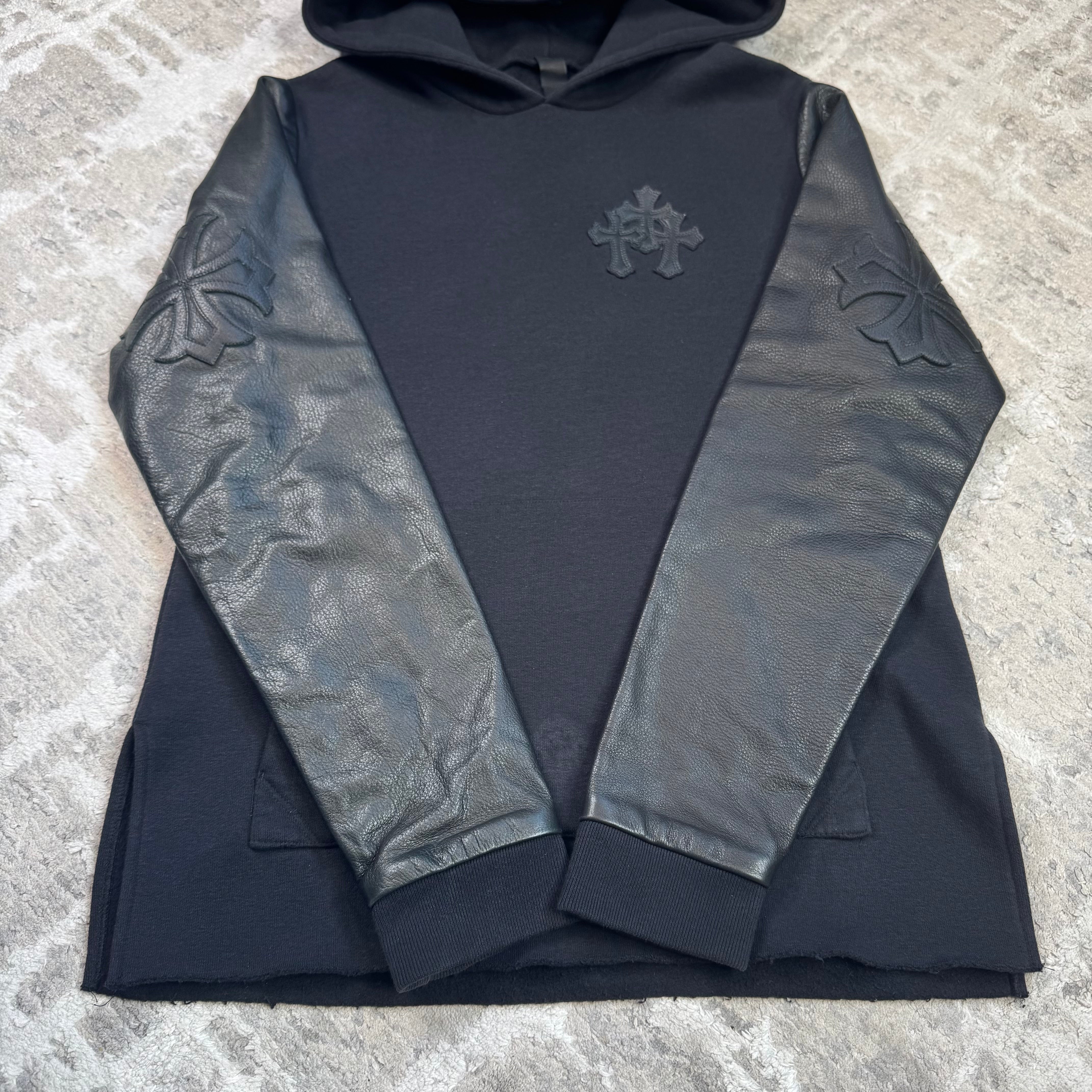 Chrome hearts leather sleeve triple cross patch pullover hoodie