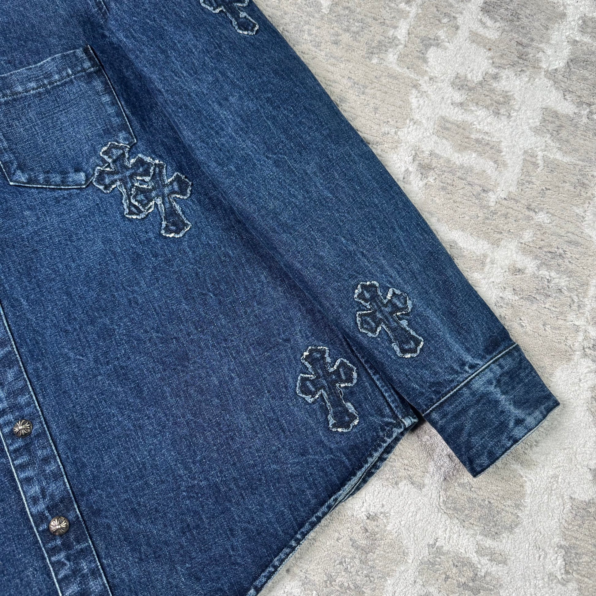 Chrome hearts cutout cross patch denim button up shirt - Million Dollar Streetwear