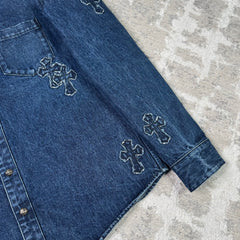 Chrome hearts cutout cross patch denim button up shirt - Million Dollar Streetwear
