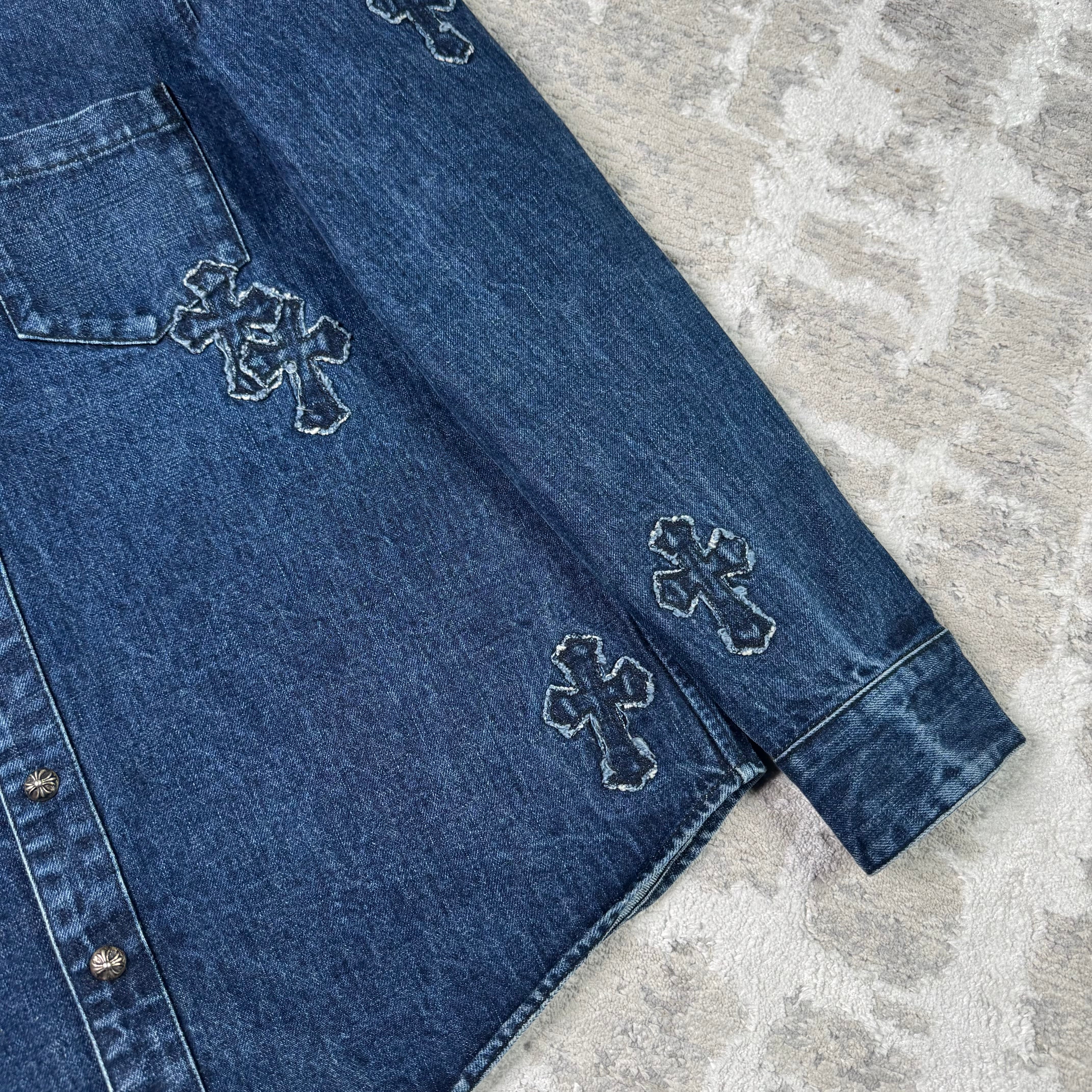 Chrome hearts cutout cross patch denim button up shirt - Million Dollar Streetwear