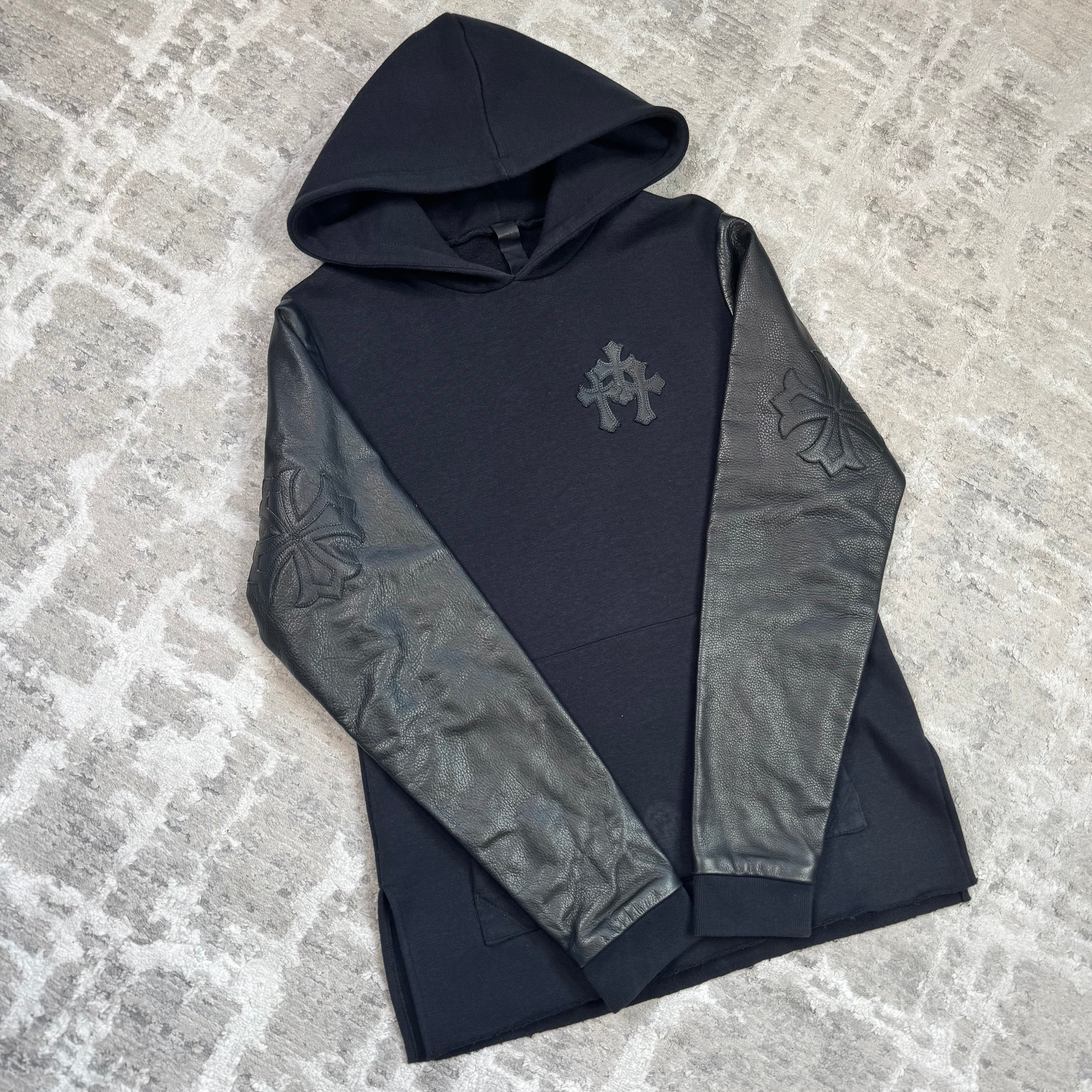 Chrome hearts leather sleeve triple cross patch pullover hoodie