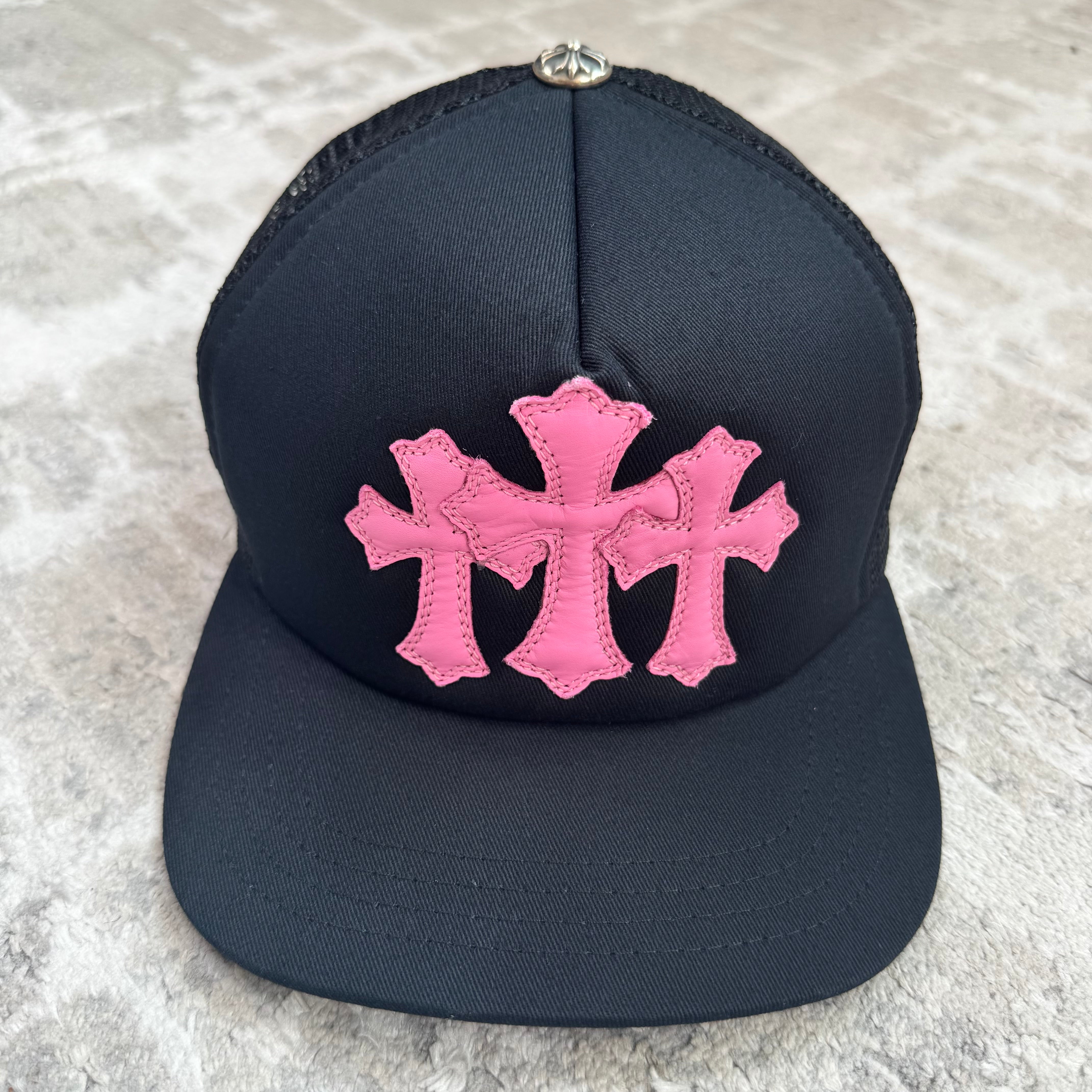 Chrome hearts cemetery leather triple cross patch trucker hat
