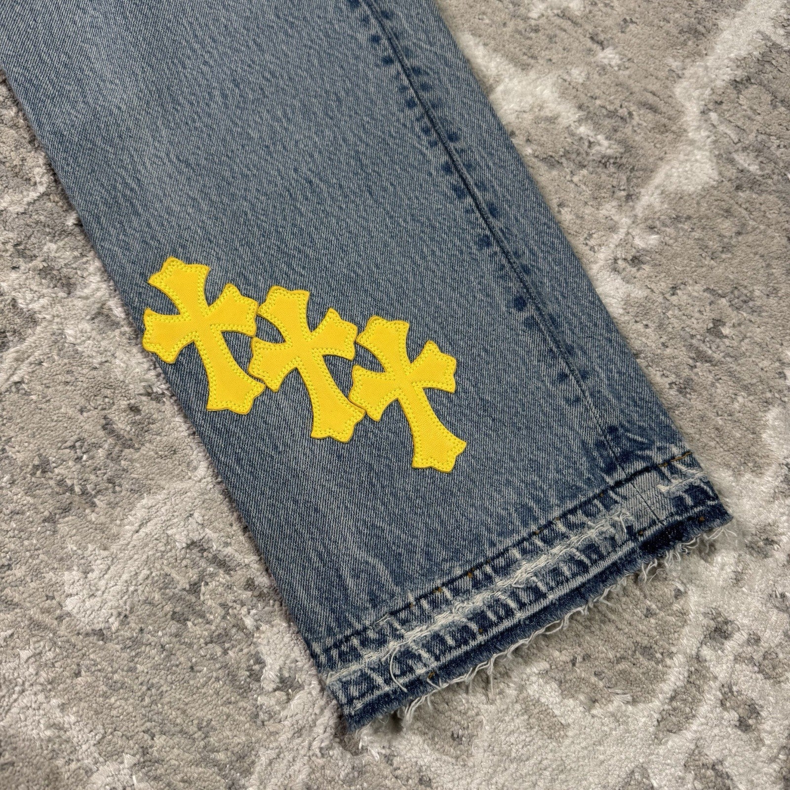 Chrome Hearts Levi 501 Yellow Cross Patch Denim Jeans - Million Dollar Streetwear