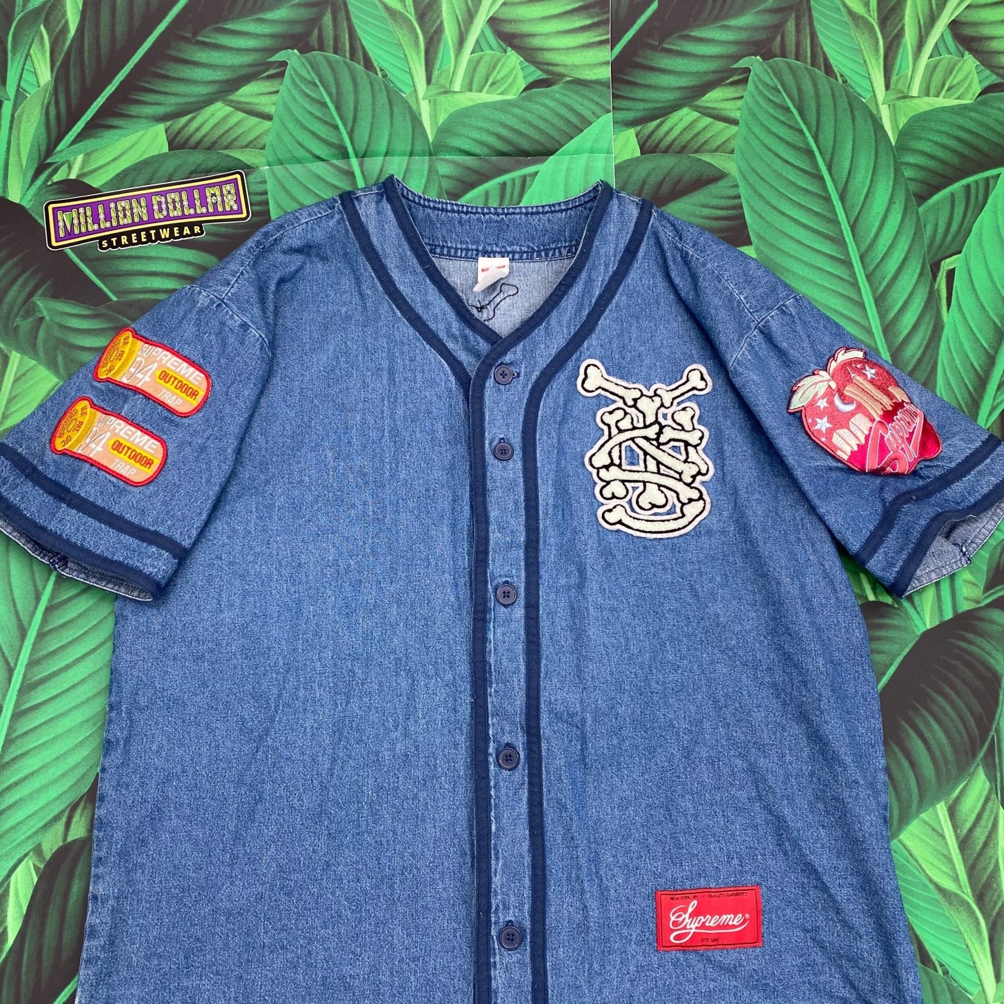 Supreme patches denim baseball jersey- S