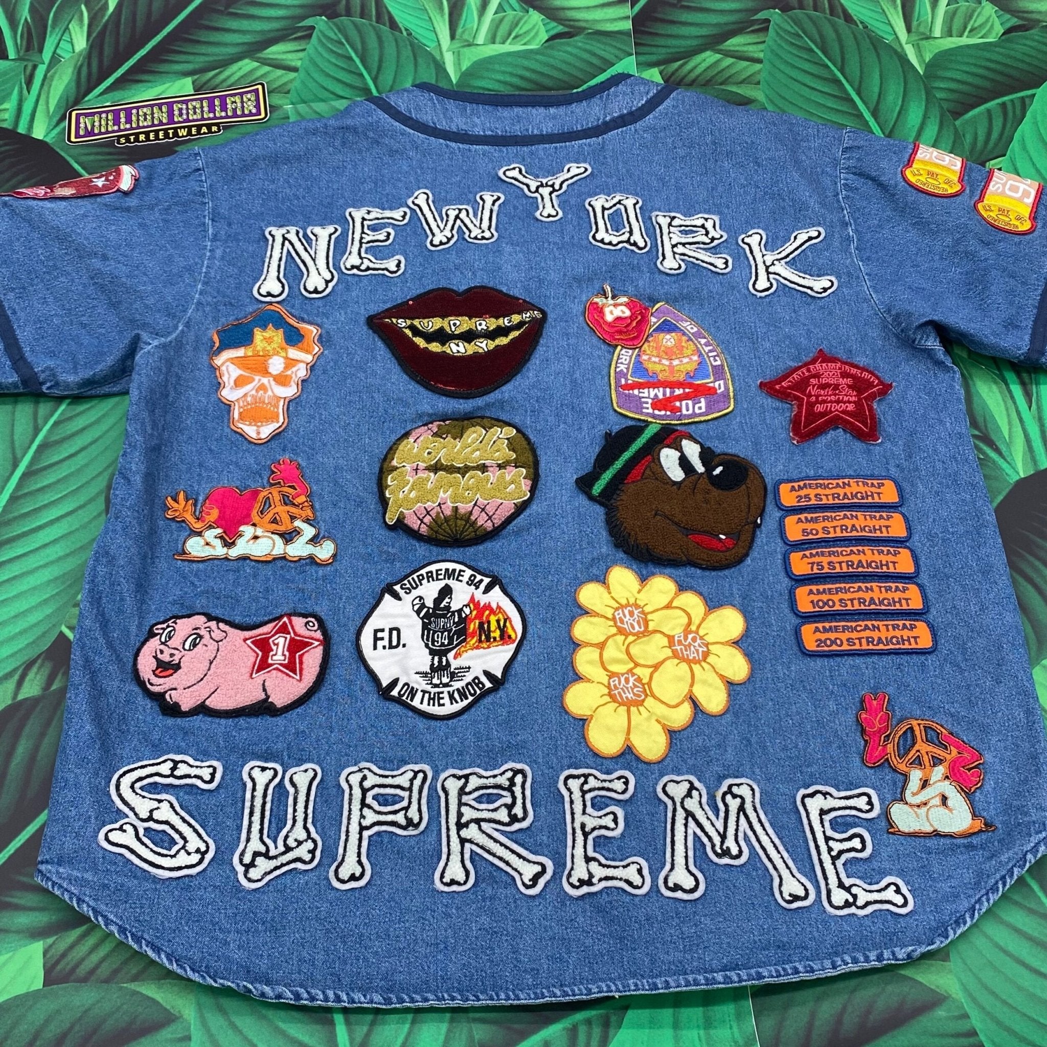 Supreme patches denim baseball jersey- S