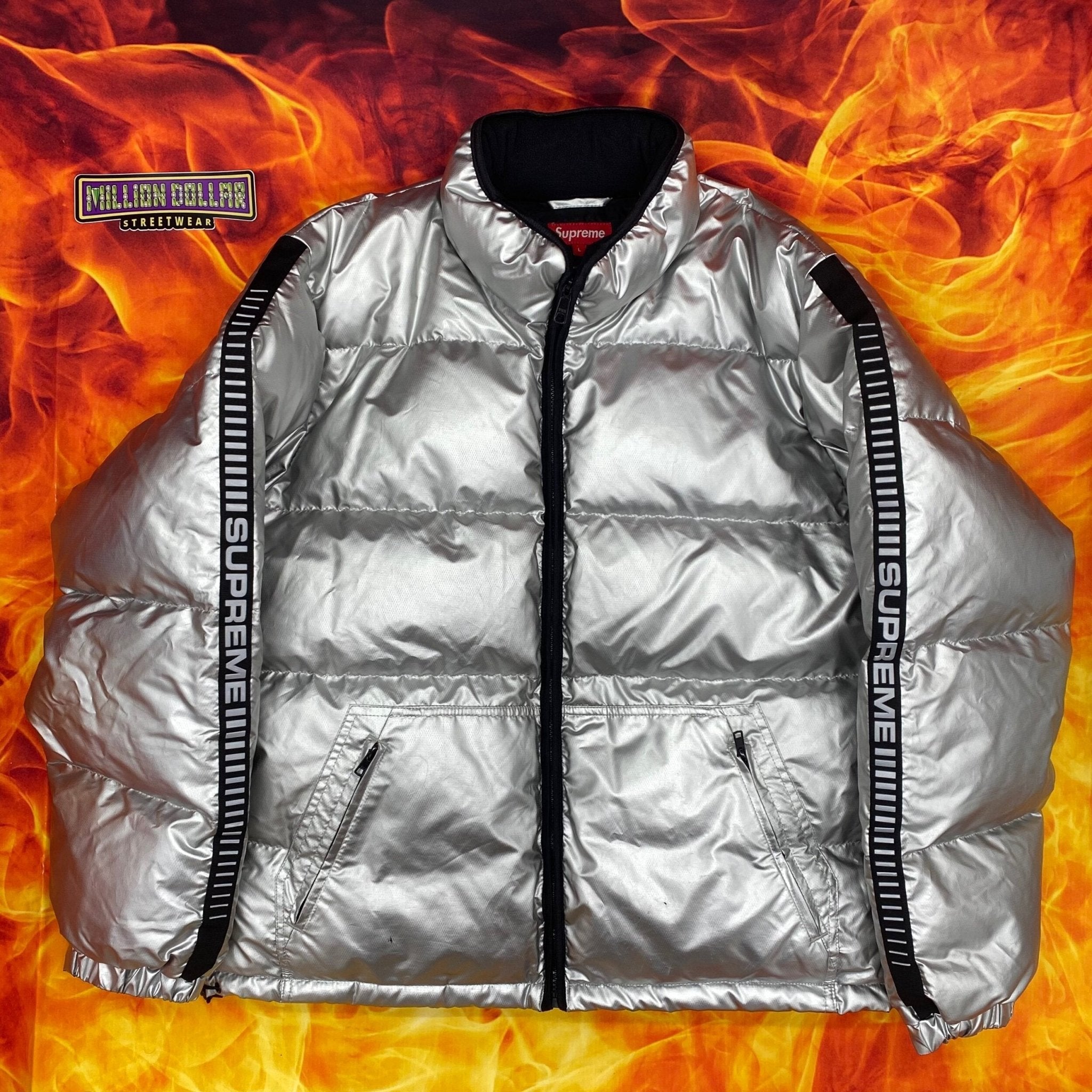 Supreme reflective sleeve logo puffy jacket- L – Million Dollar